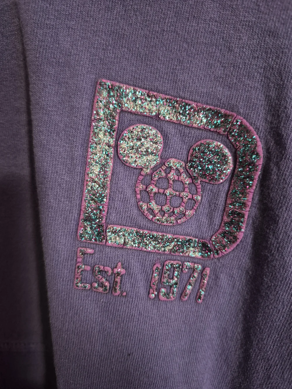 Size XS Disney Parks Purple Est 1971 Glitter Sweat Shirt
